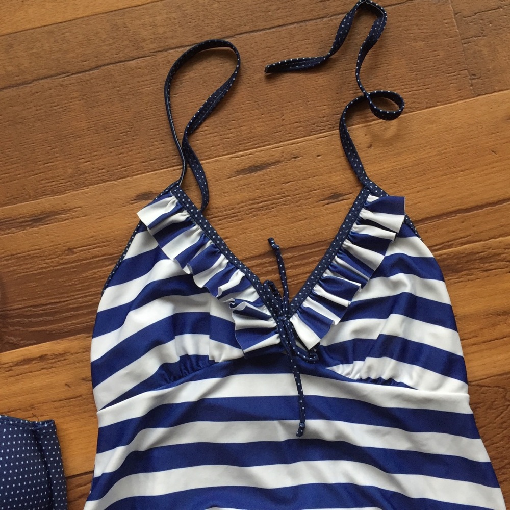 4 PC Swimsuit Bikini Tankini Blue White Striped - Picture 4 of 8